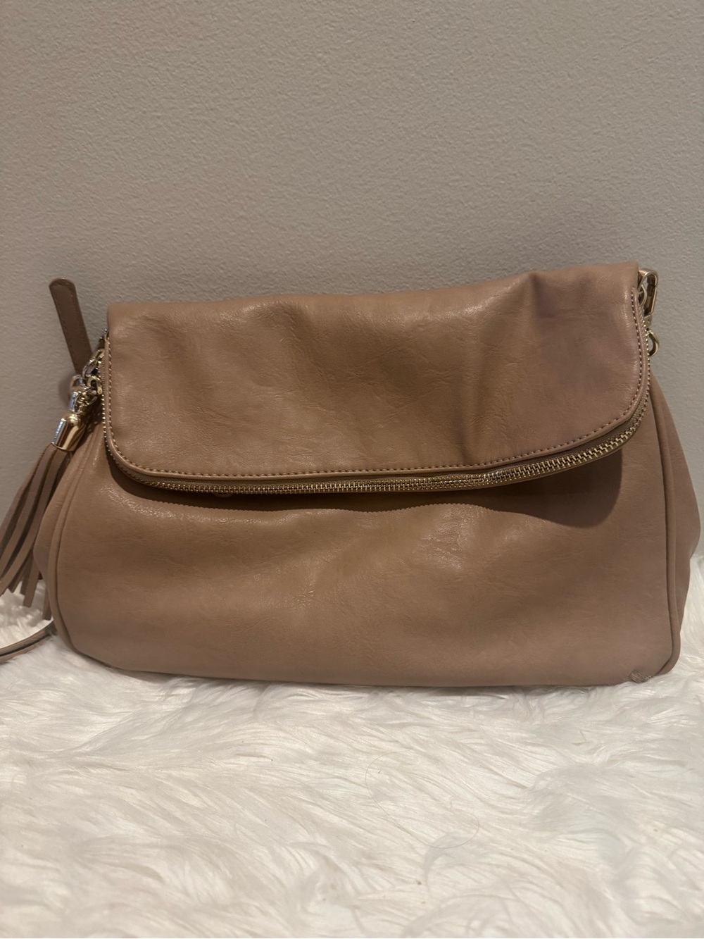Neutral Tan Foldover Crossbody Hobo Bag w/ Tassel Zippers | Soft Faux Leather